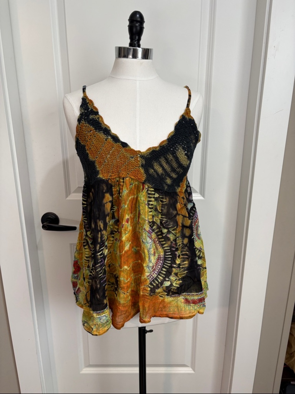 Boho Crochet-Trim Spaghetti Strap Tank Top in Black & Mustard
